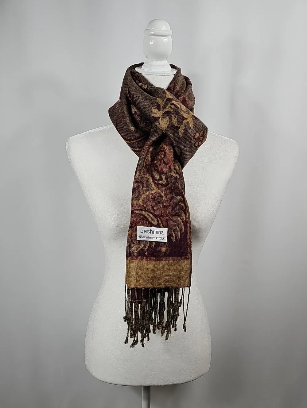Cashmere Silk Pashmina Scarf Brown Paisley Floral Fringe Wrap Shawl Festival